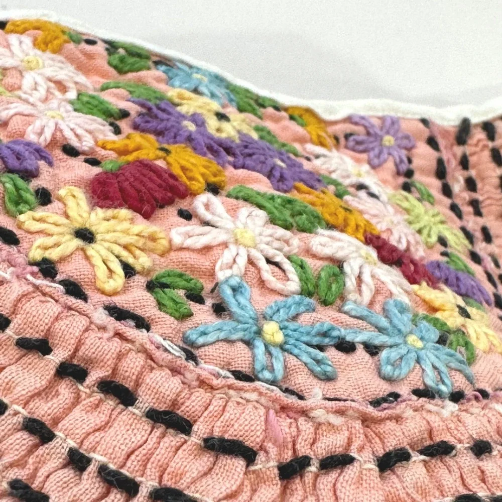 Vintage Pink Smocked Baby Bib Hand Embroidered Floral Design